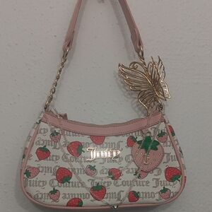 Juicy Couture Pink Strawberry Print Mini Shoulder Bag with Gold Charm
